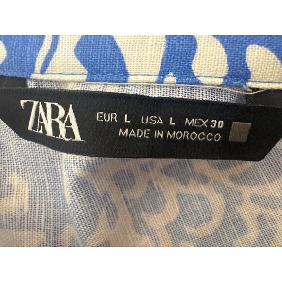 ZARA Large Blue & White Floral Belted Button-Down Midi Dress L Linen Blend Moroc - Picture 4 of 16